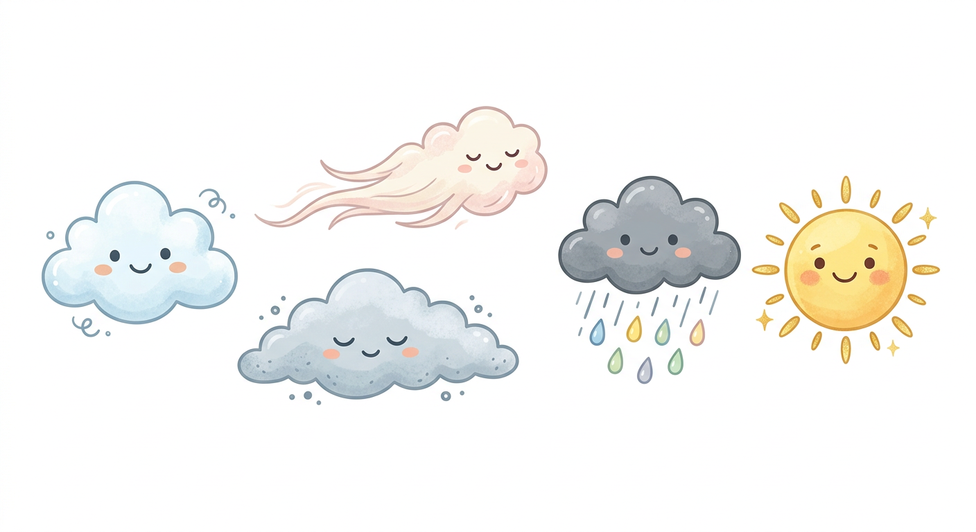 Five friendly weather characters: a smiling white cloud, a pink wind cloud, a grey rain cloud, a colourful rain cloud, and a happy sun.