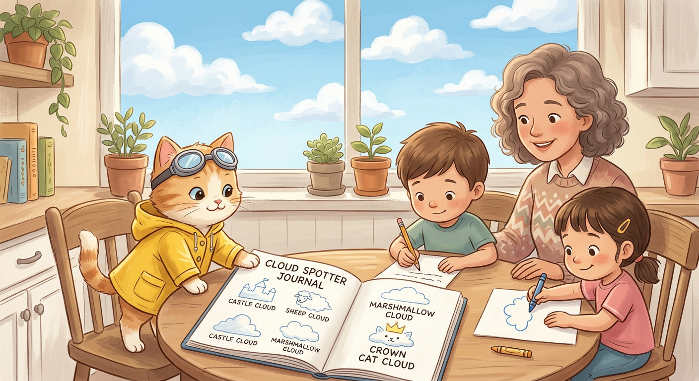 The Weather Club's new Cloud Spotter Journal, open on the table with cloud drawings, weather words, and small notes.