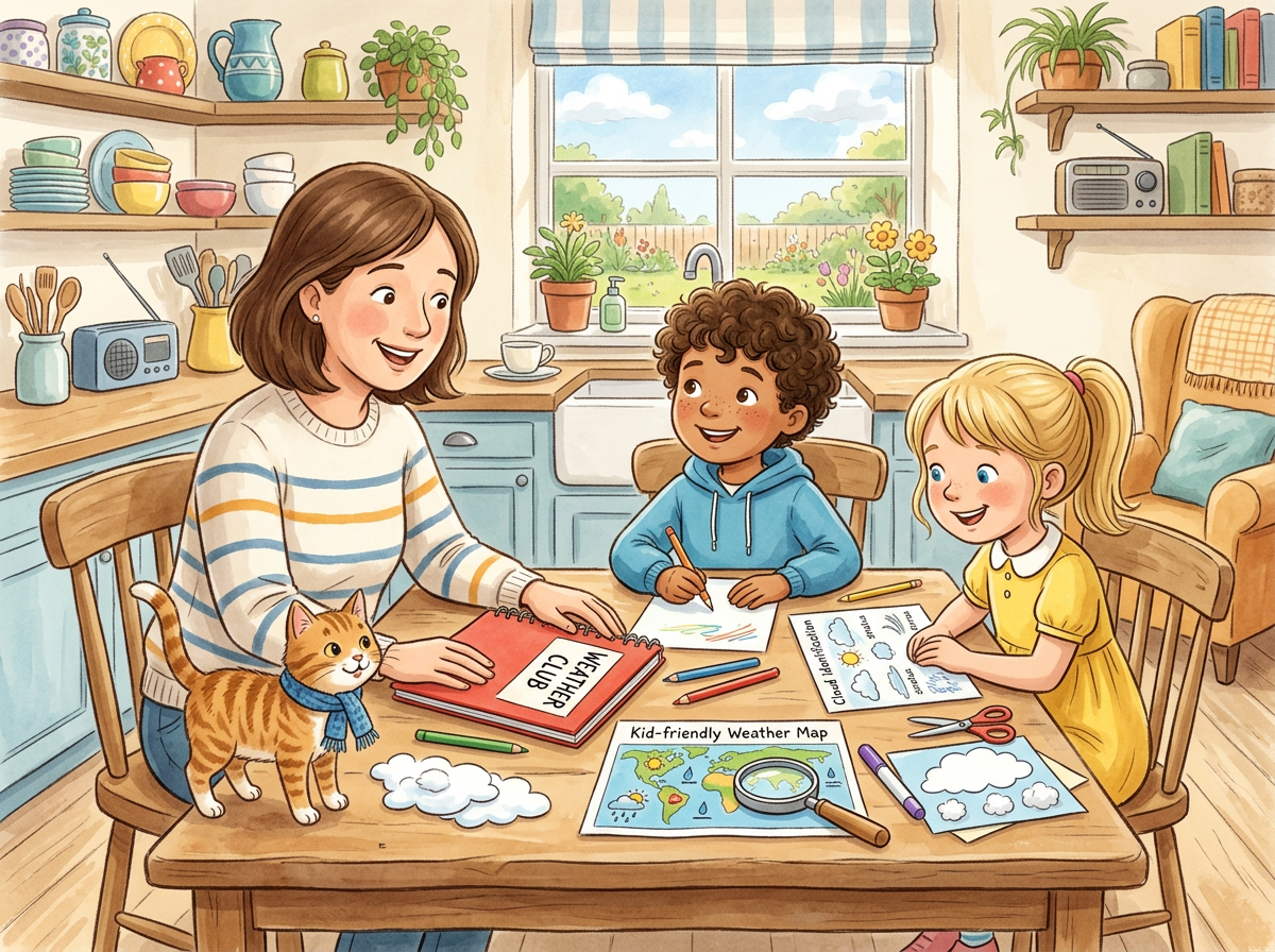 April, Sunny, Milo, and Kit gathered around a sunny kitchen table for the very first meeting of Kit's Weather Club, with notebooks and crayons spread out.