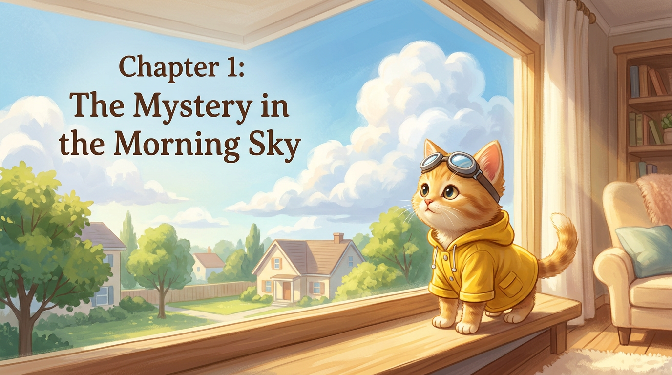 Kit, a small orange-and-cream kitten in a yellow raincoat with little weather goggles, sits on a sunny windowsill watching cloud castles drift across a bright morning sky.