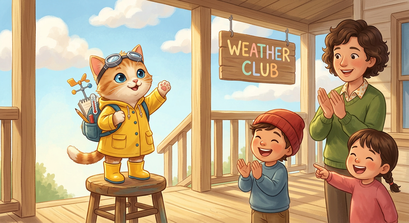 Kit standing tall on a chair in her yellow raincoat, beaming as Milo declares her Junior Storm Chaser of the Weather Club.