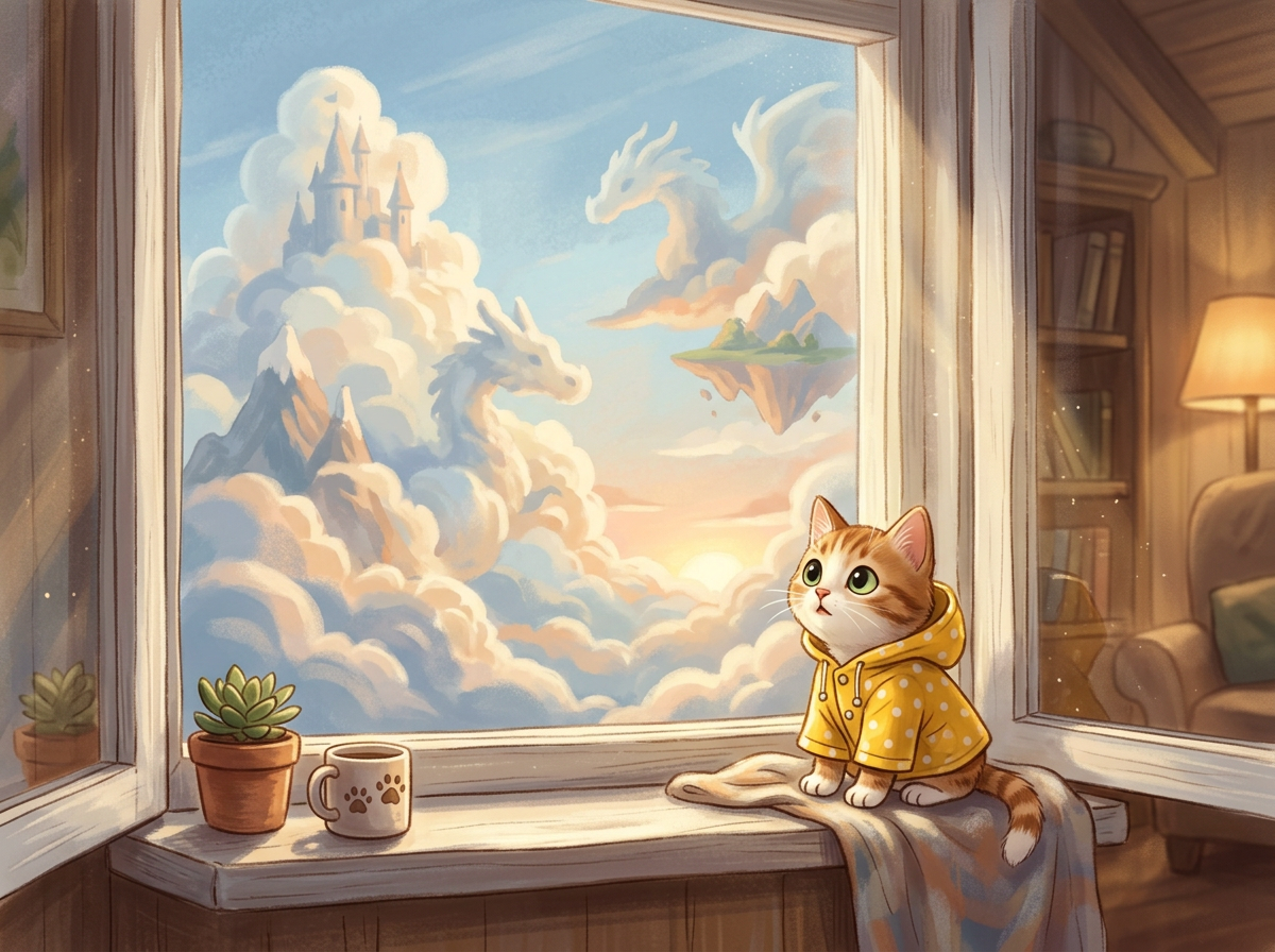 Kit on the windowsill gazing up at fluffy white cloud castles in a bright blue sky.
