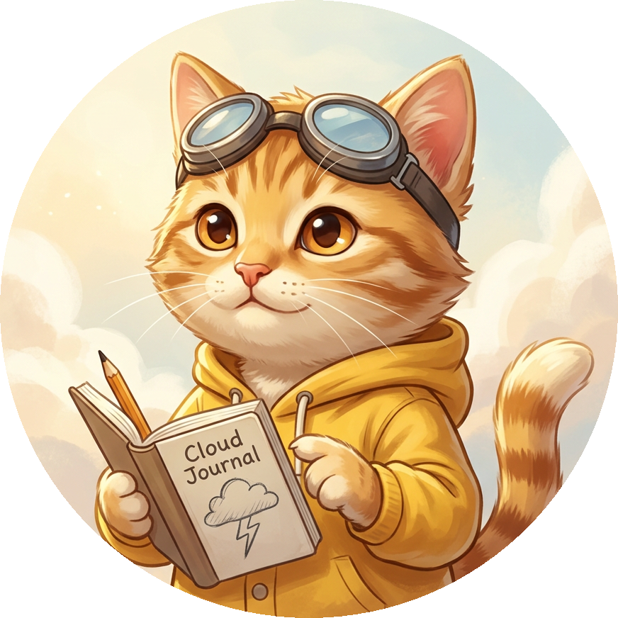 Kit the weather cat holding a cloud journal