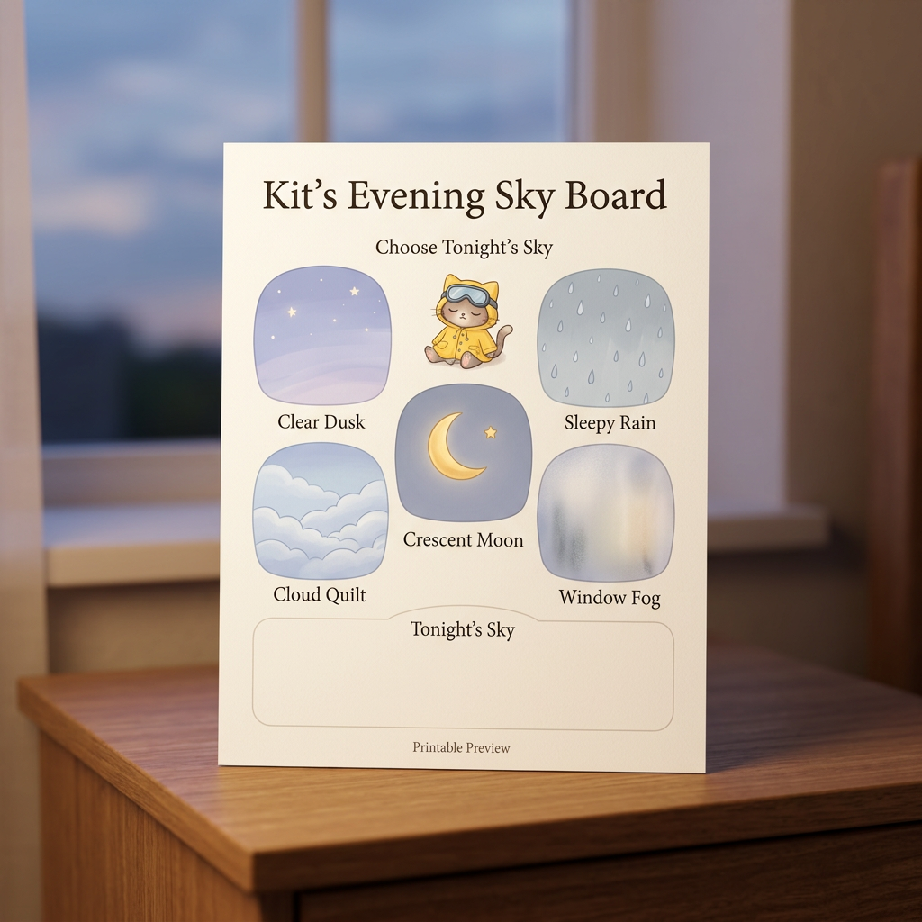 Mockup preview of Kit's Evening Sky Board bedtime weather ritual.