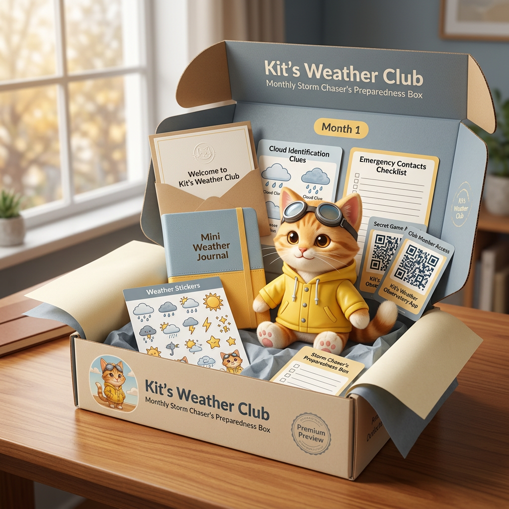 Mockup preview of Kit's Weather Club Monthly Storm Chaser's Preparedness Box concept.