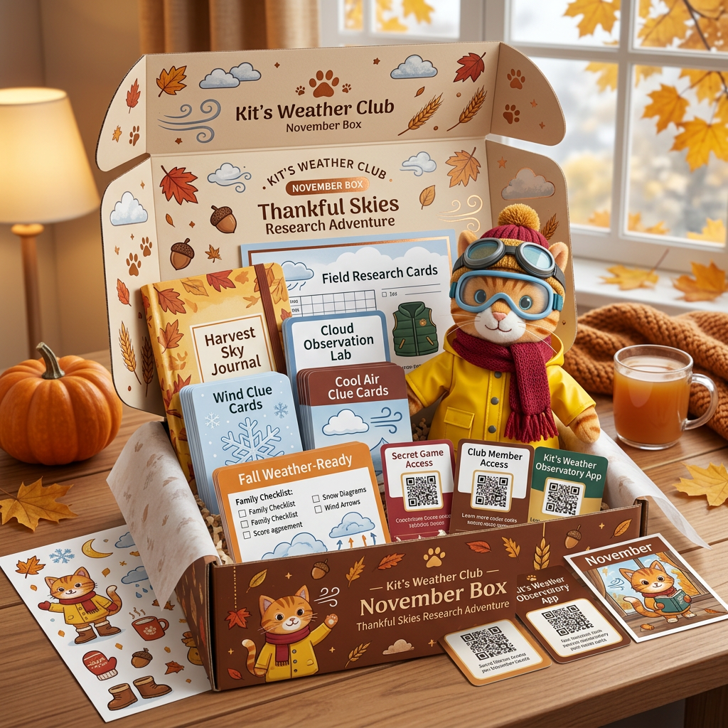 Kit's Weather Club November Box — Thankful Skies Research Adventure, a cozy seasonal product mockup.