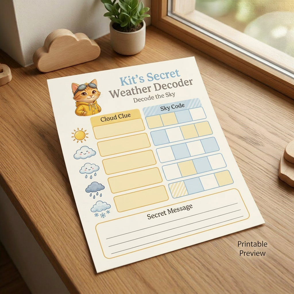 Mockup preview of Kit's Secret Weather Decoder no-cut printable card.