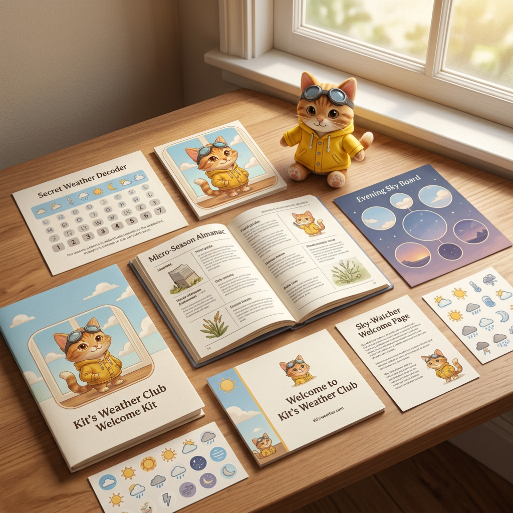 Mockup preview of Kit's Weather Club Welcome Kit with weather printables on a wooden desk.
