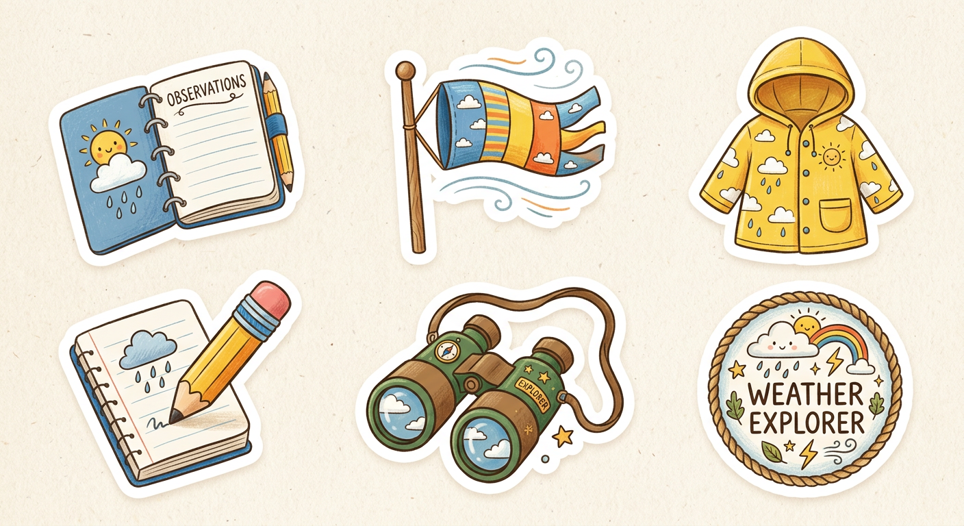 Sticker-style illustrations of a weather watcher's tools: an observation notebook, a windsock, a yellow raincoat, a notebook with pencil, binoculars, and a Weather Explorer badge.